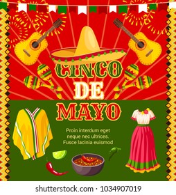 Cinco de Mayo Mexican holiday fiesta celebration greeting card of traditional sombrero and Mexican boho dress or poncho, guitar and maracas. Vector jalapeno pepper and mole for Cinco de Mayo party