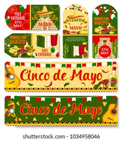 Cinco de Mayo Mexican holiday fiesta celebration tags with greetings and traditional Mexico symbols. Vector Mexican flag, jalapeno pepper and cactus tequila, guitar and avocado for Cinco de Mayo party