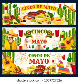 Cinco de Mayo Mexican holiday fiesta celebration greeting banners of traditional food and Mexico symbols. Vector Mexican flag, tequila or cactus and tacos in avocado guacamole or jalapeno pepper