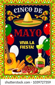 Cinco de Mayo Mexican holiday fiesta celebration greeting card of traditional fiesta symbols jalapeno pepper, tequila and sombrero. Vector design of Mexican flag balloons, guitar and food or pastry