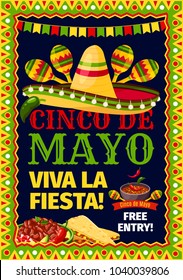 Cinco de Mayo Mexican holiday fiesta invitation card for party celebration. Vector poster for Viva Fiesta of Mexican sombrero and maracas, tortilla chips nachos and jalapeno pepper sauce in flag frame