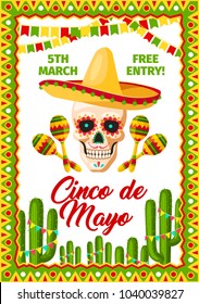 Tarjeta de invitación a la fiesta de Cinco de Mayo Mexicano para la fiesta tradicional de México. Afiche vectorial con sombrero mexicano en el cráneo y maracas, banderas en cactus para el partido Cinco de Mayo