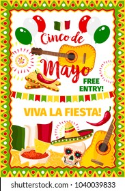 Cinco de Mayo Mexican holiday greeting card for Mexico national celebration. Vector Viva Fiesta design of traditional Mexican flag, guitar and jalapeno pepper or sombrero and skull with cactus tequila