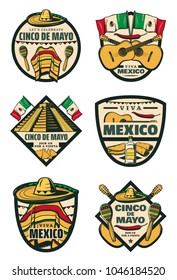 Cinco de Mayo Mexican holiday sketch icons for Mexico traditional celebration greeting card. Vector jalapeno pepper, sombrero and poncho or maracas, mustache and Mexican flag for Cinco De Mayo