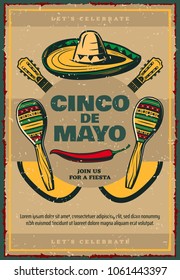 Cinco de Mayo Mexican holiday sketch retro poster of sombrero, jalapeno pepper and maracas or guitars. Vector Mexico flag design for Cinco de Mayo Mexican fiesta party invitation or greeting card