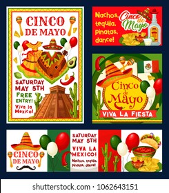 Cinco de Mayo Mexican holiday fiesta invitation cards for free entry to party celebration. Vector Cinco de Mayo flyers of Mexican flag on balloons, jalapeno pepper or avocado and sombrero on cactus