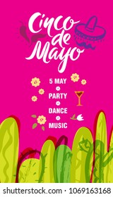 Cinco de Mayo Mexican Holiday hand drawn text and illustration. Poster or flyer design template decorated maracas, garland, cactus, chilli pepper, flowers. Mexican party.