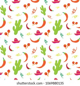 Cinco De Mayo Mexican Holiday Seamless Pattern With Cactus, Sombrero, Maracas And Chili Pepper