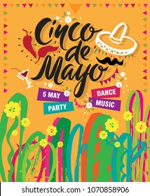 Cinco de Mayo Mexican Holiday hand drawn text and illustration. Poster or flyer design template decorated maracas, garland, cactus, chilli pepper, flowers. Mexican party.