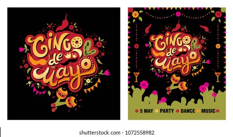 Cinco de Mayo Mexican Holiday hand drawn text and illustration. Poster or flyer design template decorated maracas, garland, cactus, chilli pepper, flowers. Mexican party.