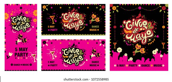 Cinco de Mayo Mexican Holiday design set. Poster or flyer design template decorated maracas, garland, cactus, chilli pepper, flowers. Mexican party.