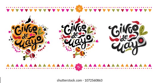 Cinco de Mayo Mexican Holiday hand drawn emblem or sign set. For poster, card or flyer design, decorated maracas, garland, cactus, chilli pepper, flowers. Mexican party.