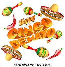 A Cinco de Mayo Mexican holiday party themed background with straw hats maracas and red peppers