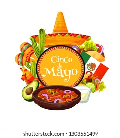 Cinco de Mayo Mexican holiday fiesta party sombrero and traditional food vector design. Mexico flag, cactus and tequila margarita, pinata, maracas and tacos, Latin American festival greeting card