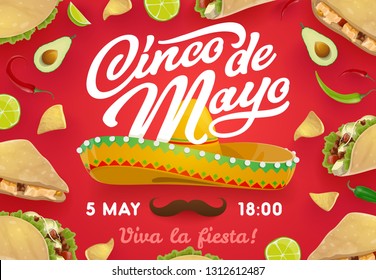 Cinco de Mayo Mexican holiday sombrero and food, fiesta party vector invitation. Mariachi hat and moustache with frame of chili pepper, tacos and nachos, avocado, corn tortilla and lime