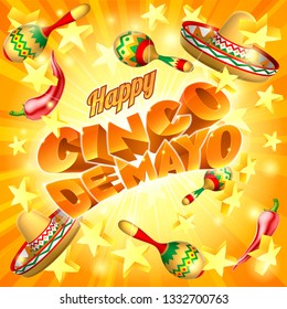 A Cinco de Mayo Mexican holiday party themed background with straw hats maracas and red peppers