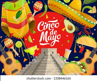 Cinco de Mayo Mexican holiday celebration symbols, food and drinks. Vector Cinco de Mayo party fiesta guitar, maracas and sombrero with poncho, Aztec or Maya pyramid and tequila in fireworks