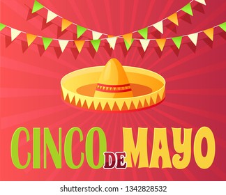 Cinco de Mayo Mexican holiday vector, sombrero traditional hat, headwear ethnic clothes. Mariachi and flags celebration of 5th of May, red poster