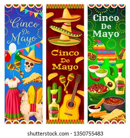 Cinco de Mayo Mexican holiday vector skull, sombrero and guitar, cactus tequila, chilli and maracas, avocado, nachos and tacos, mariachi costumes, pinata, firework and bunting. Puebla Battle themes