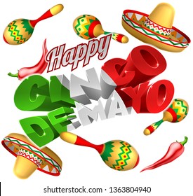 A Cinco de Mayo Mexican holiday party themed background with straw hats maracas and red peppers