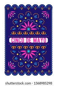 Cinco de Mayo. Mexican holiday poster. Papel picado banner with floral pattern. Vector greeting card.