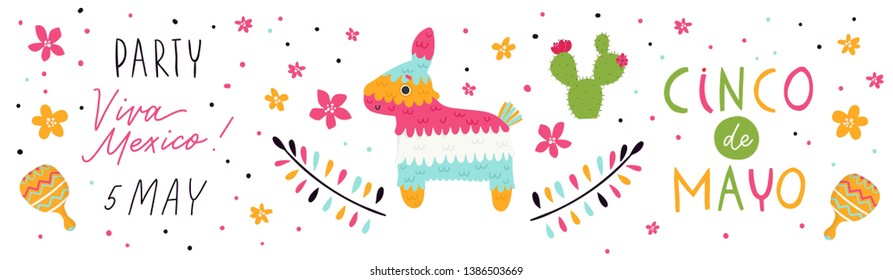 Cinco de mayo - Mexican holiday 5 may. Bright banner for website. Holiday decoration. Design with piñata, flags, flowers, decorations