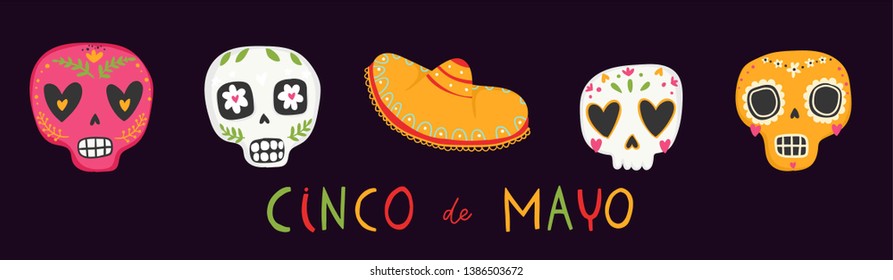 Cinco de mayo - Mexican holiday 5 may. Bright banner for website. Holiday decoration. Design with sugar skull, flags, flowers, decorations