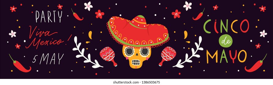 Cinco de mayo - Mexican holiday 5 may. Bright banner for website. Holiday decoration. Design with sugar skull, flags, flowers, decorations