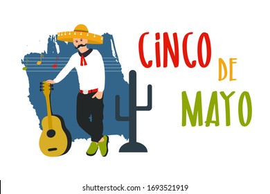 Cinco de Mayo Mexican holiday poster, banner, greeting card. Men in Mexica national hat sombrero and guitar. Vector illustration on white background