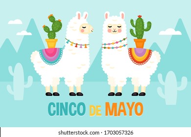 Cinco de Mayo Mexican Holiday Grußkartendesign mit süßem Lamatscharakter. Vektorgrafik