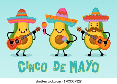 Cinco de Mayo Mexican Holiday Grußkartendesign süße lustige Avocado-Charaktere. Vektorillustration