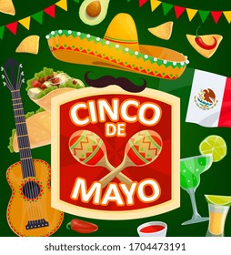 Cinco de Mayo Mexican holiday sombrero and maracas vector design. Mexico fiesta party hat, chili peppers and festival mariachi guitar, Mexican flag, tequila and margarita, tacos, nachos and guacamole