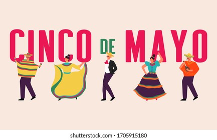 Cinco de mayo mexican holiday party banner with mexican people in traditional clothes illustration.