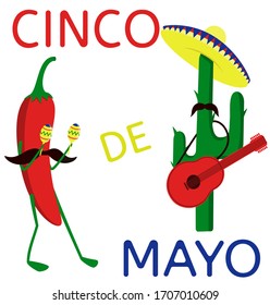 Cinco De Mayo Mexican holiday May 5. Mexican cactus in a sombrero with a mustache and a guitar. Pepper halopeno with mustache and marhas. Design elements in traditional holiday colors