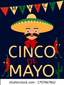 Cinco De Mayo is a Mexican holiday 5 may. Vector poster, banner, flyer with a Mexican in a hat, cactus and dancing halupeno pepper. Traditional colors are green, yellow, red, blue
