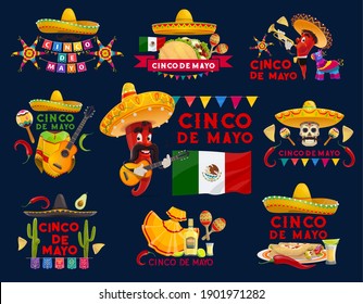 Cinco de Mayo mexikanische Feiertage Vektorsymbole. Fiesta Party Sombrero Hüte, Maracas und Gitarren, Chilischoten Charaktere, Mexiko-Flaggen und Tequila, Pinata, Tacos, Burritos und Nachos, Jalapeno und Kaktus