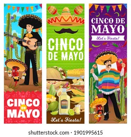 Carteles de Fiesta de la Fiesta del Cinco de Mayo Mexicano, celebración vectorial 5 de mayo. Cinco de Mayo Pimientos Mexicanos con bigote en sombrero y poncho, guitarra, maracas y comida tradicional cantina