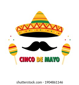 Cinco de Mayo, mexican holiday celebration vector card, illustration with sombrero hat, moustache and maracas.