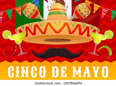 Cinco De Mayo Mexican Holiday Vector Sombrero Hat, Fiesta Party Maracas And Tequila, Mexico Flag, Red Chilli And Green Jalapeno Peppers, Moustache, Lime And Bunting Garland. Mexican Party Or Festival