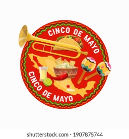 Cinco de Mayo Mexican holiday vector food and Mexico map. Fiesta party maracas, tequila, tacos, guacamole and nachos, red chilli or jalapeno pepper and mariachi musician trumpet, parade design