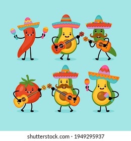 Cinco de Mayo Mexican Holiday greeting card design cute funny avocado, hot pepper and tomato characters.