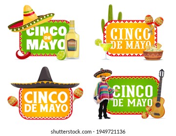 Cinco de Mayo Mexican holiday isolated icons with vector fiesta party sombrero hats, maracas and guitar, red chilli peppers, tequila and guacamole, mariachi musician, cactus and jalapeno