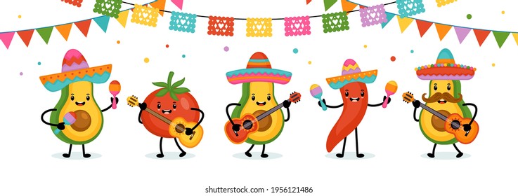 Cinco de Mayo Mexican Holiday greeting card design cute funny avocado, hot pepper and tomato characters.