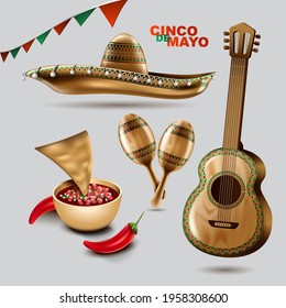 Cinco de Mayo mexican holiday. Sombrero hat, Maracas and Tacos and festive food with colors of Mexico flag. vector illustration.