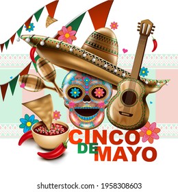 Cinco de Mayo mexican holiday. Sombrero hat, Maracas and Tacos and festive food with colors of Mexico flag. vector illustration.