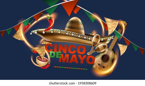 Cinco de Mayo mexican Ferien. Sombrero Hut, Maracas und Tacos und festliche Lebensmittel mit Farben der mexikanischen Flagge. Vektorgrafik.