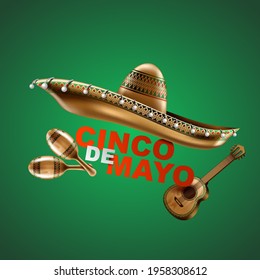 Cinco de Mayo mexican holiday. Sombrero hat, Maracas and Tacos and festive food. vector illustration.