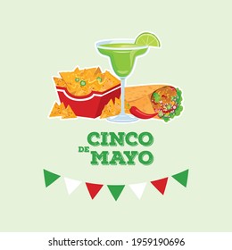 Cinco de Mayo Mexican holiday with Mexican food and drink vector. Margarita drink, burrito and nachos icon vector. Cinco de Mayo Poster, May 5. Important day