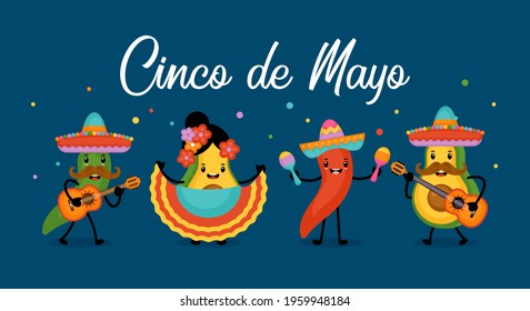 Cinco de Mayo Mexican Holiday greeting card design cute funny avocado, hot pepper and tomato characters.