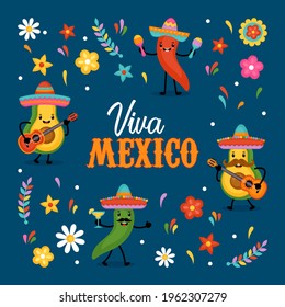 Cinco de Mayo Mexican Holiday greeting card design cute funny avocado and  chili pepper characters.